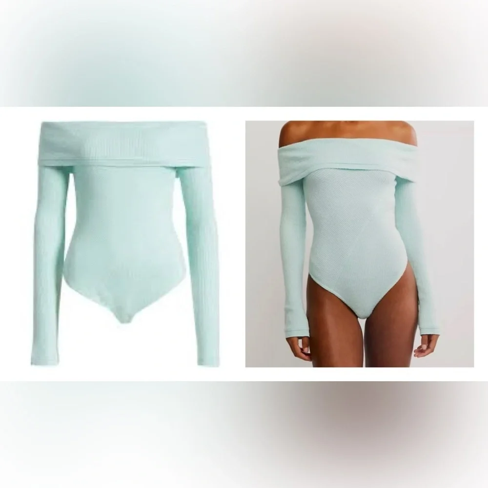 Free People Off-Shoulder Textured Mint Ribbed Bodysuit NWT